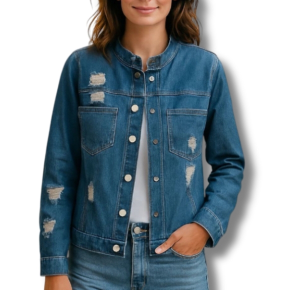POL Women's Denim jacket Medium Distressed Oversized Pockets Long Blue Z BIN - Picture 1 of 15